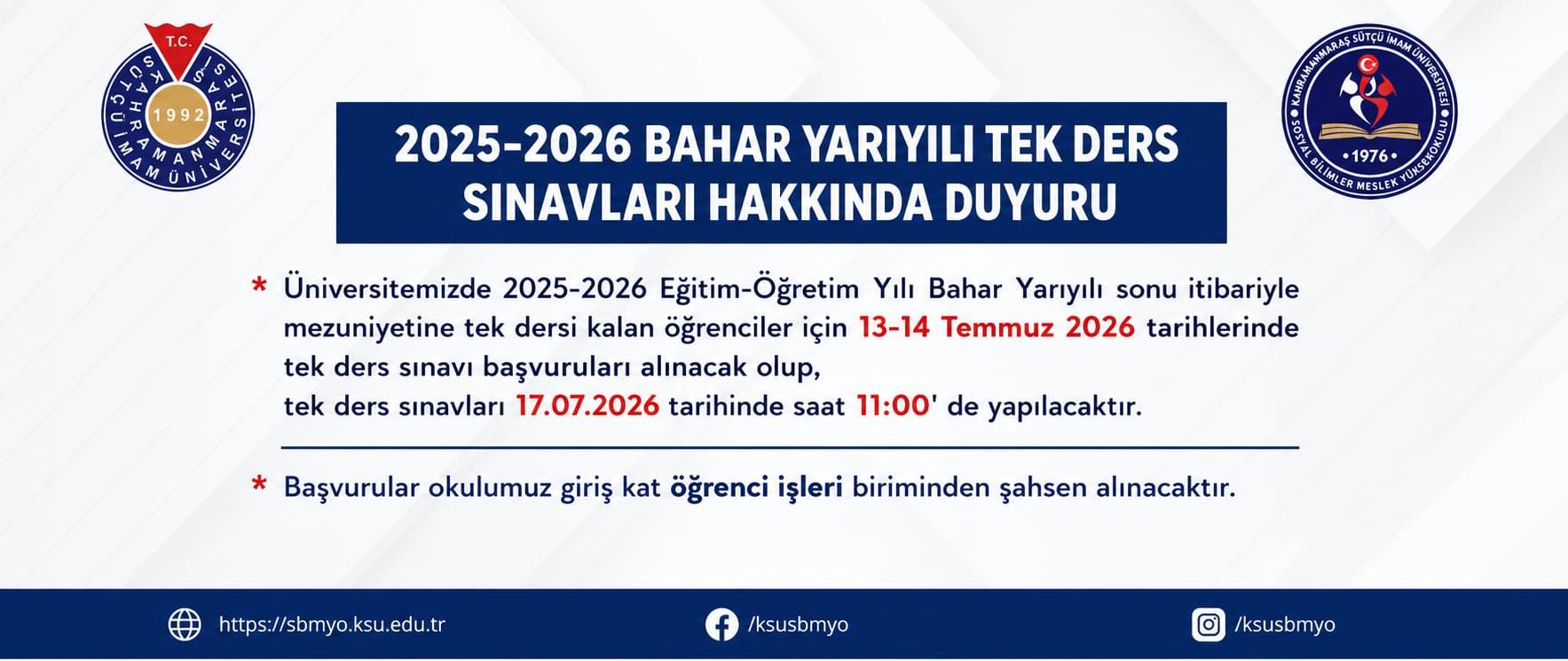 2025-2026 Bahar Yarıyılı Tek Ders Sınavı Duyurusu